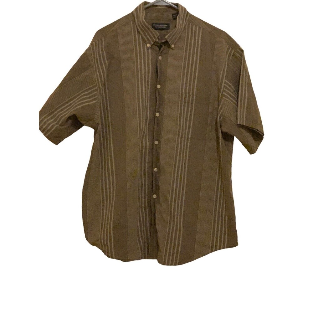 Roundtree & Yorke Mens Size XL Shirt Button Front Brown Stripe Short Sleeve